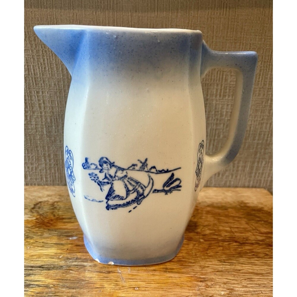 Antique Blue & White Dutch Girl Pitcher Ironstone Creamer Windmill Ombre Glaze